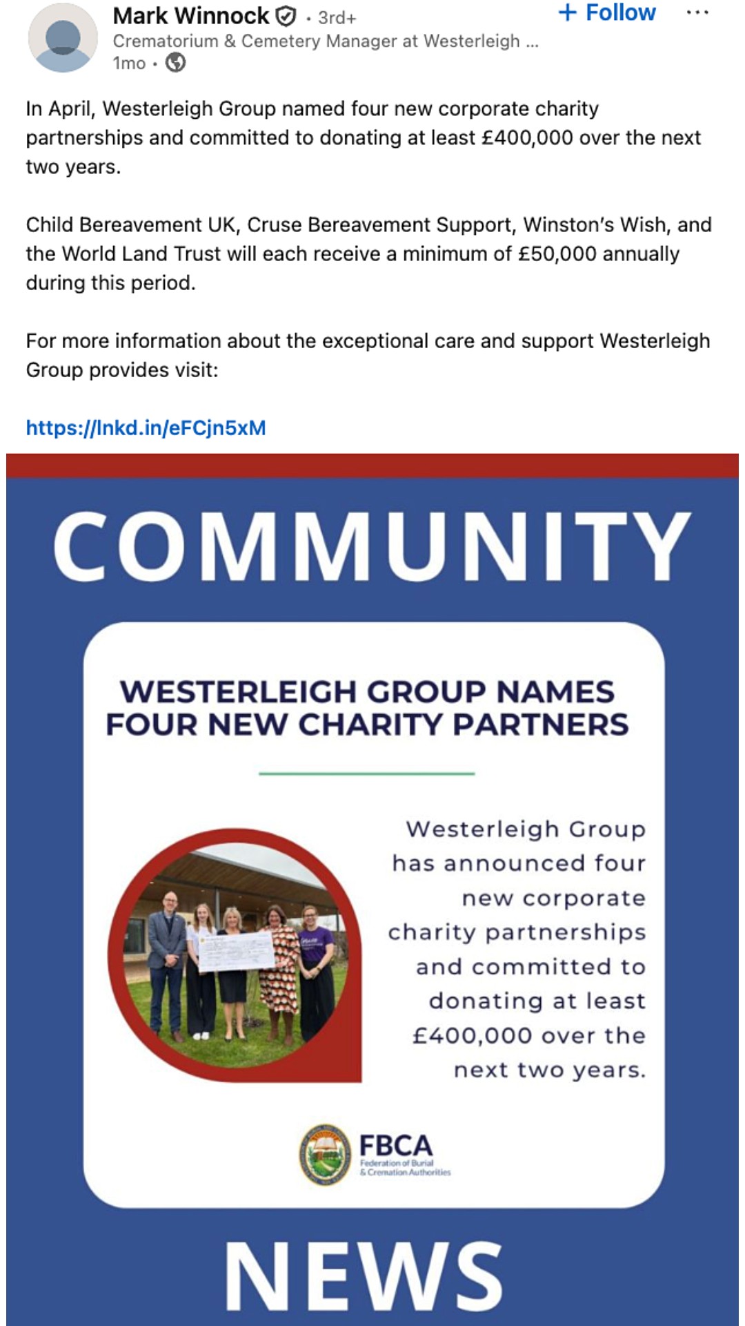 A LinkedIn user announcing charity partnerships and commitments to donate.