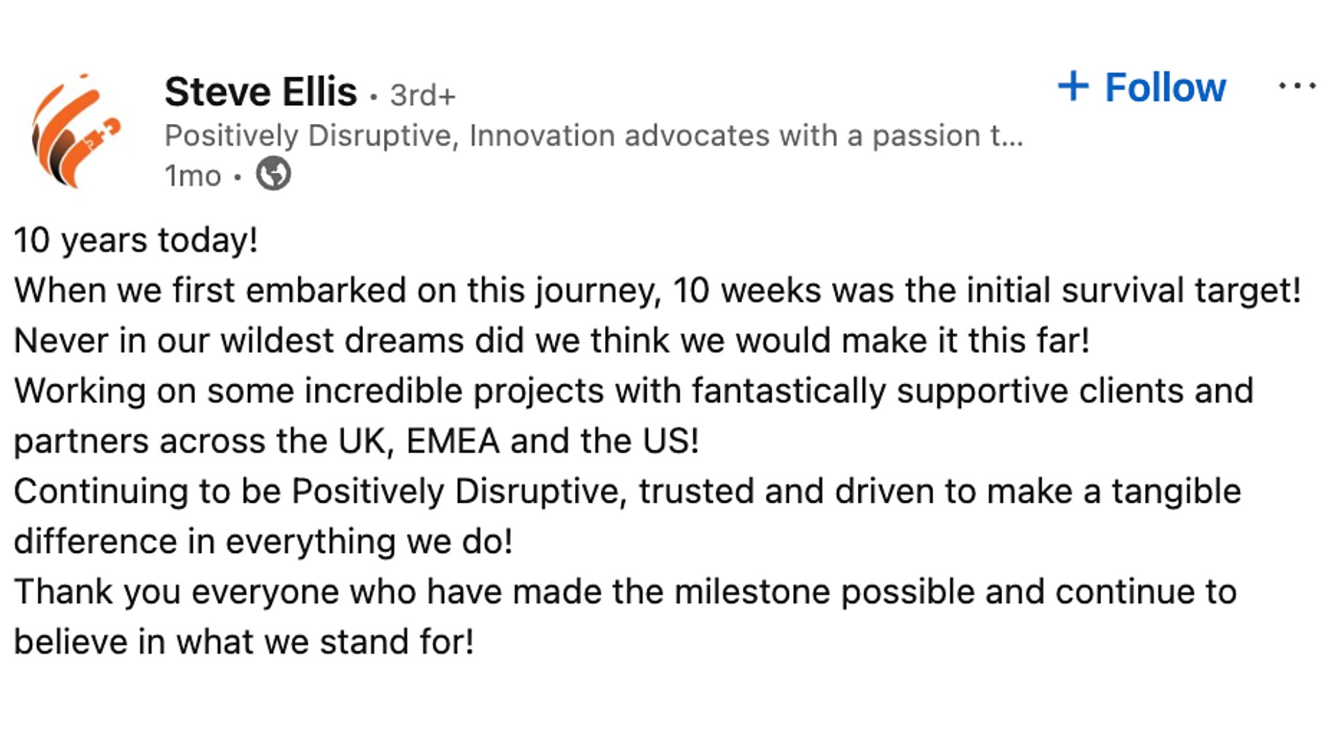 A LinkedIn user reflecting upon his brand’s story in a 10-year business anniversary post.