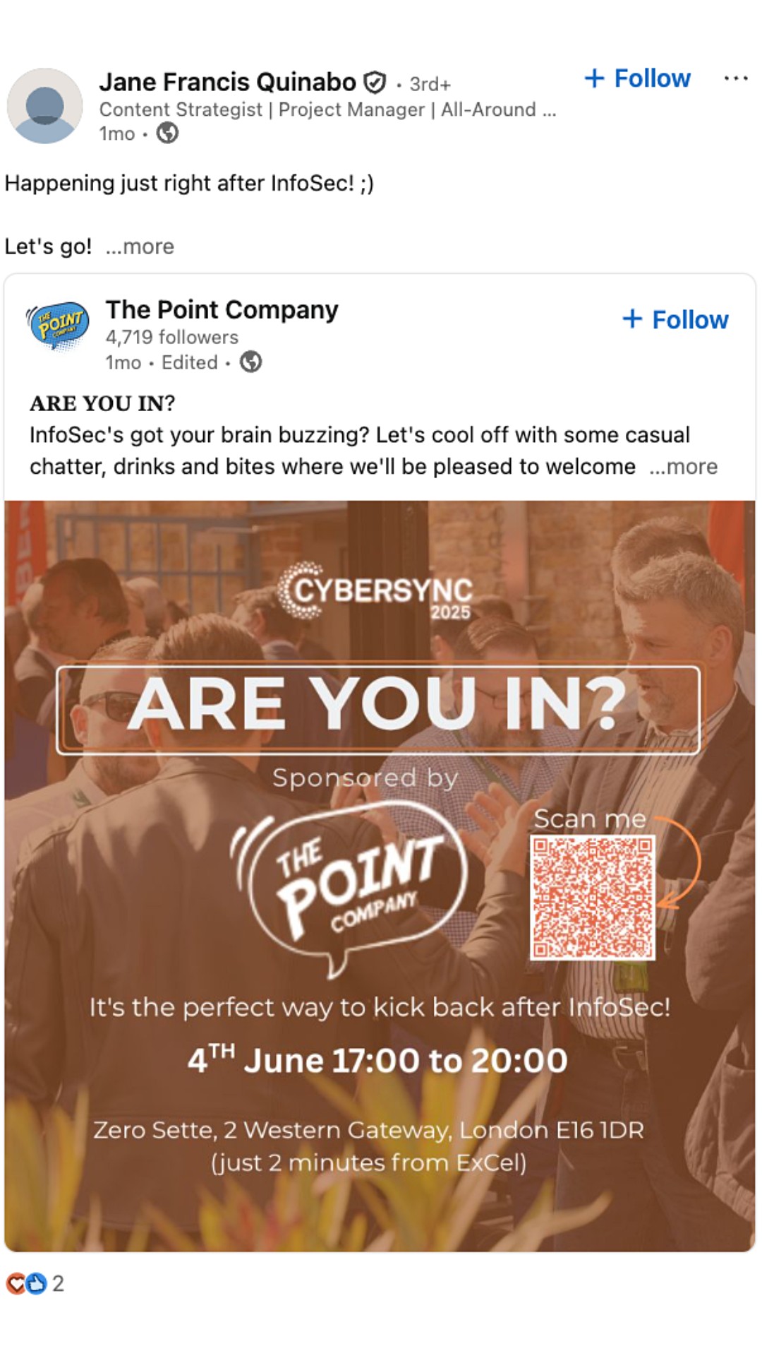 A LinkedIn user inviting their network to a local networking event.