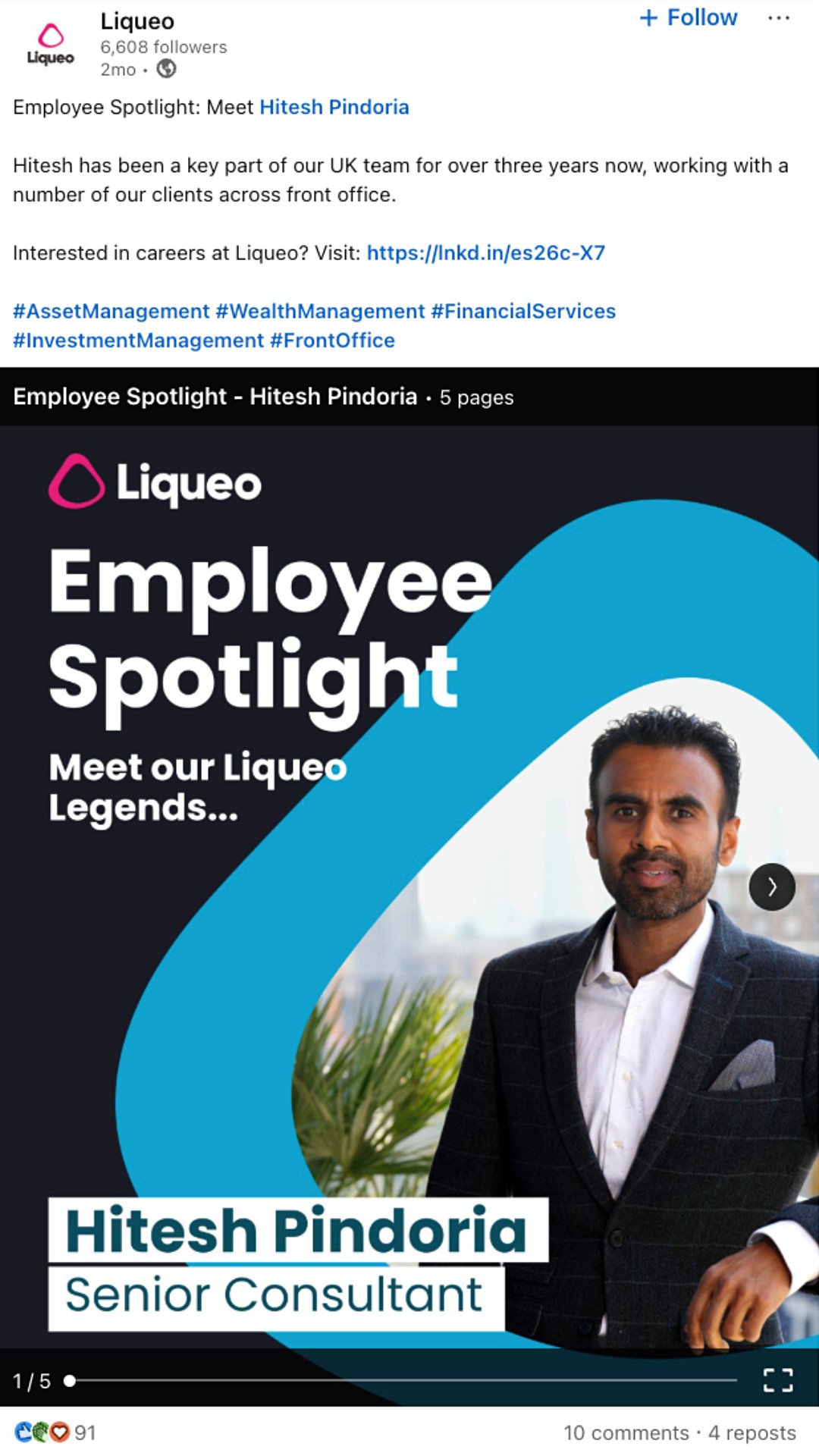 A LinkedIn business account sharing an “Employee Spotlight” post.