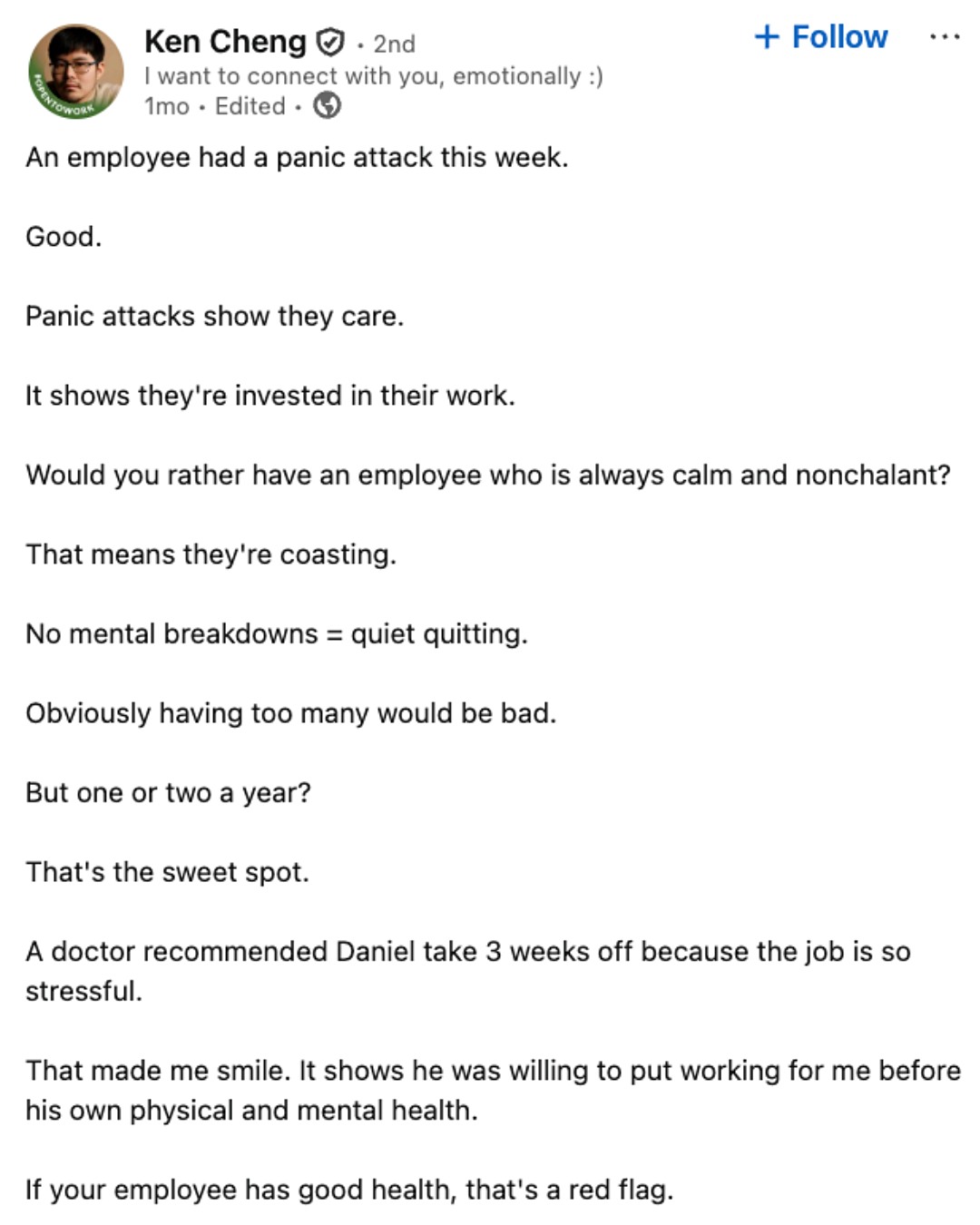 A LinkedIn user shares a satirical post with their following.