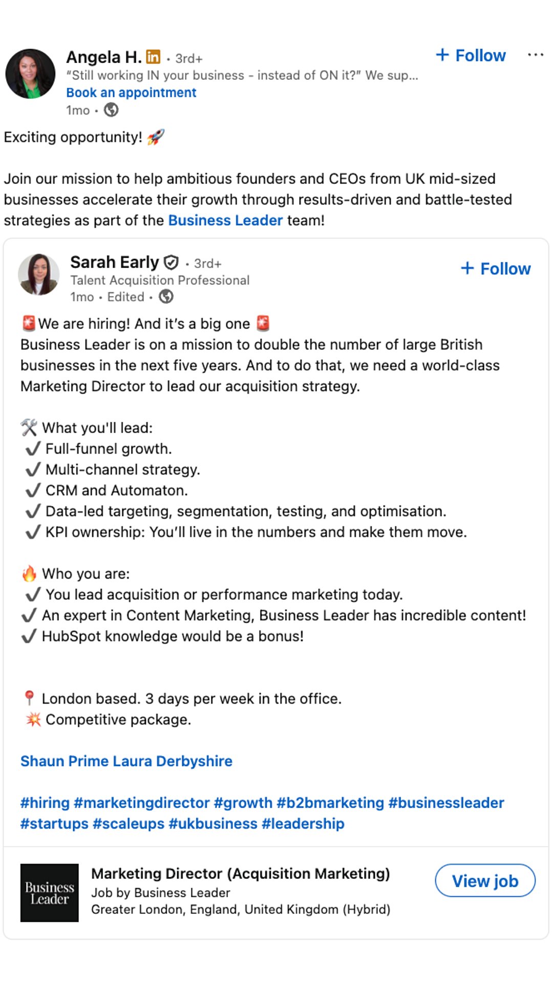 A LinkedIn user resharing a job posting calling for a UK-based Marketing Director based in London, England.