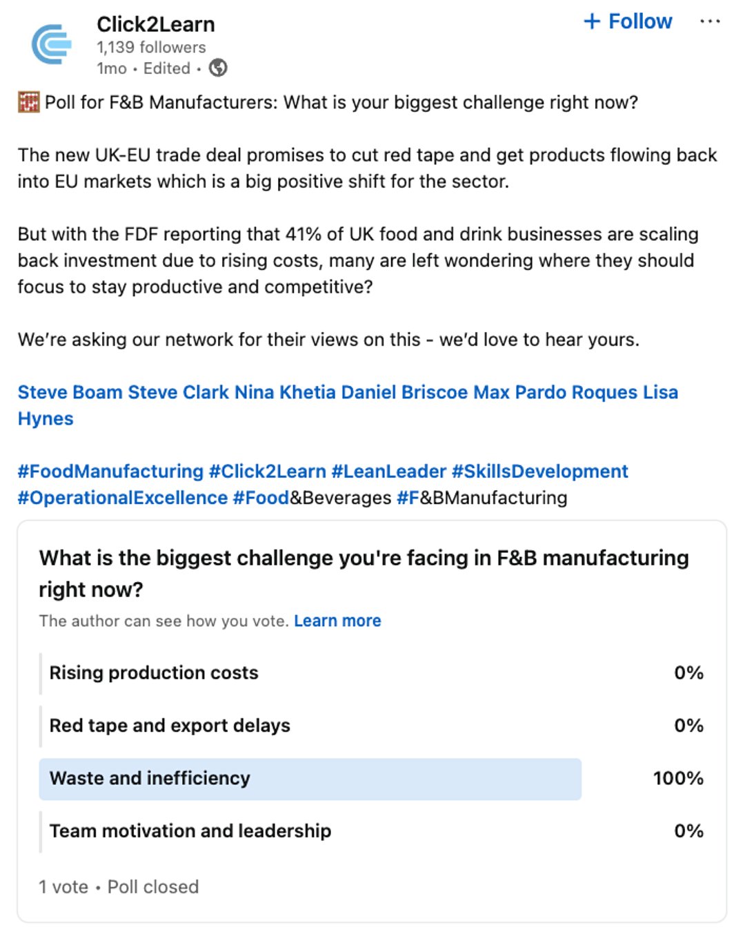 A LinkedIn business account sharing a poll with its followers about the challenges they’re facing in F&B manufacturing.