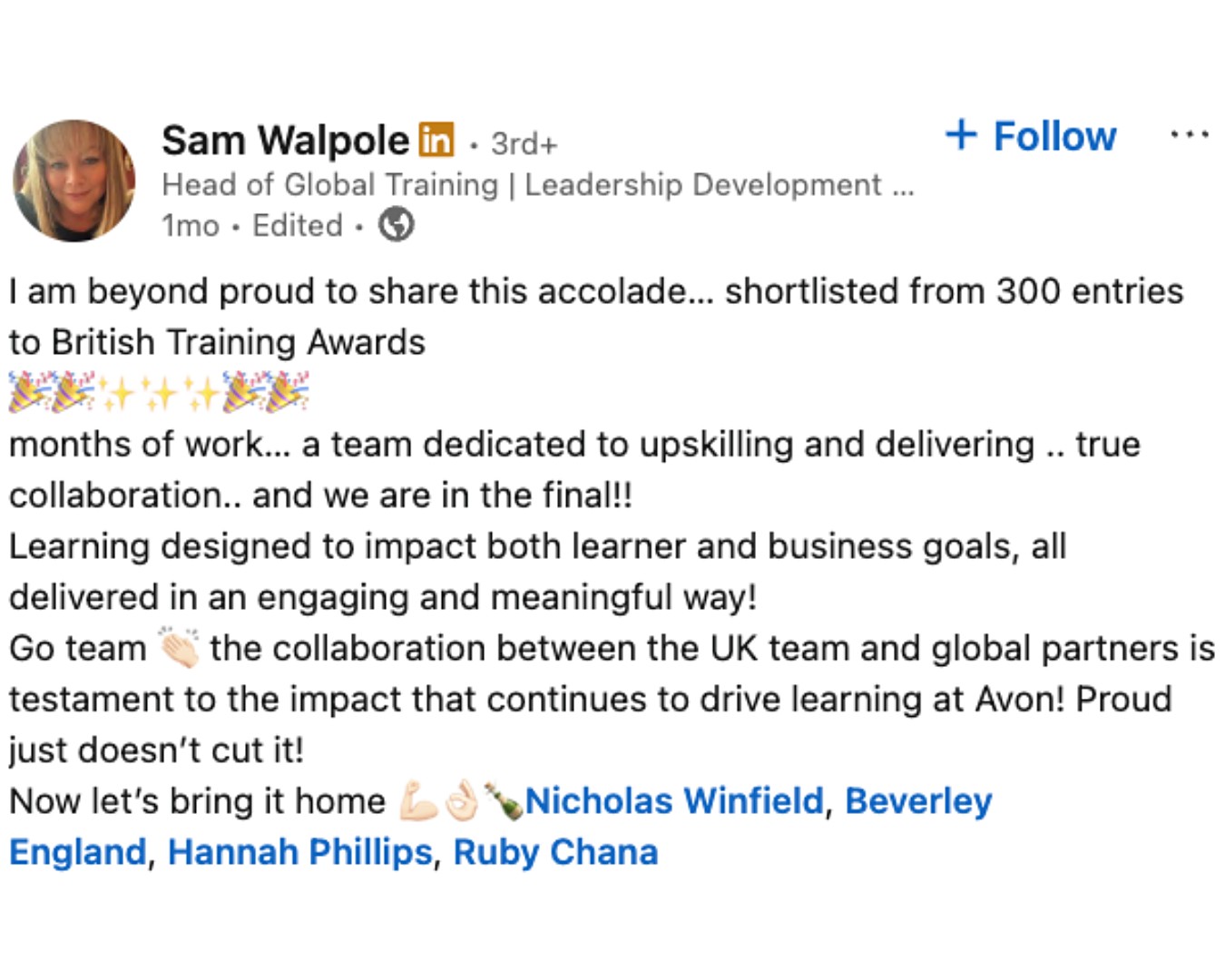 A LinkedIn user shares that they are in the final to win a business award.