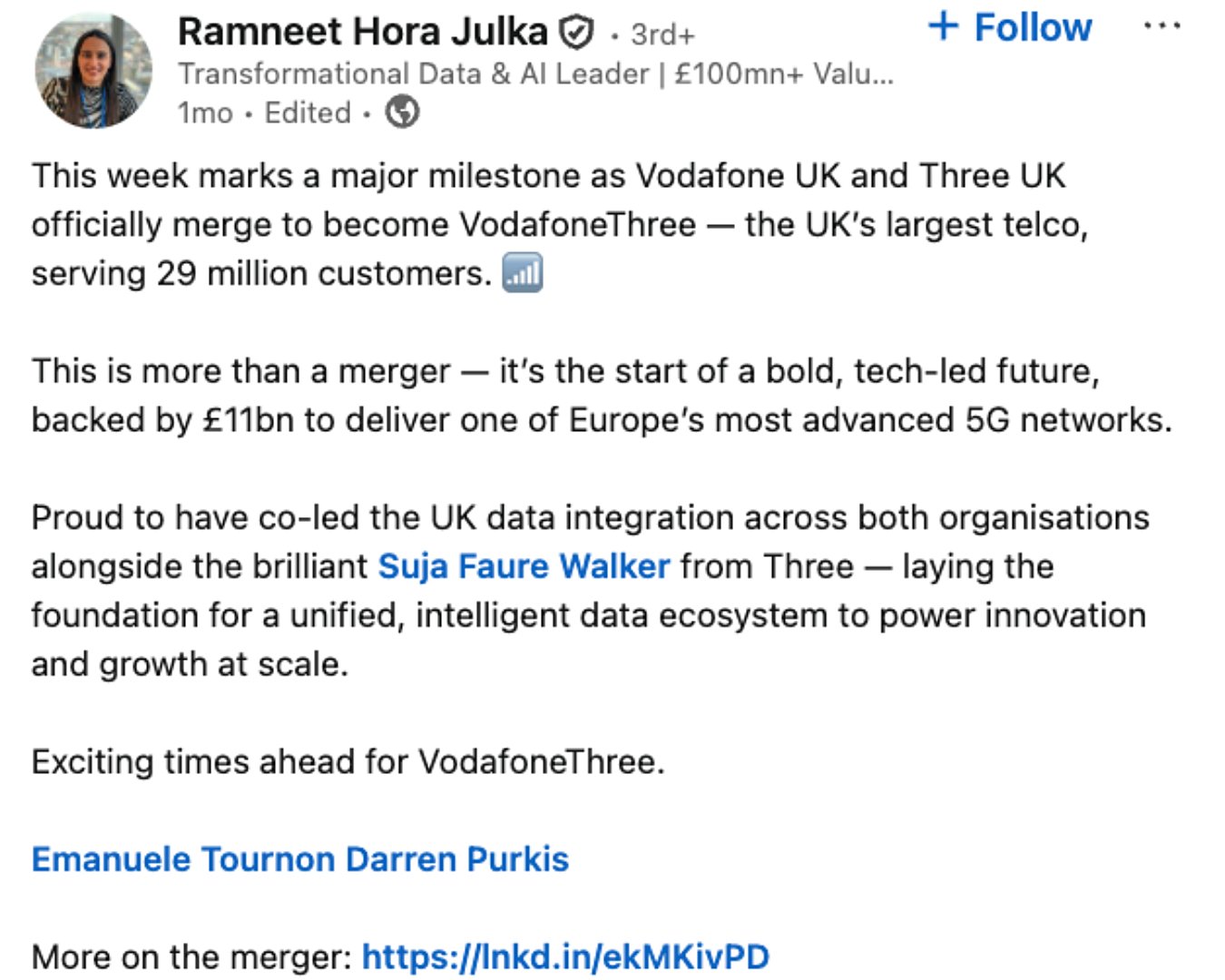 A LinkedIn post about celebrating a merger between two UK brand