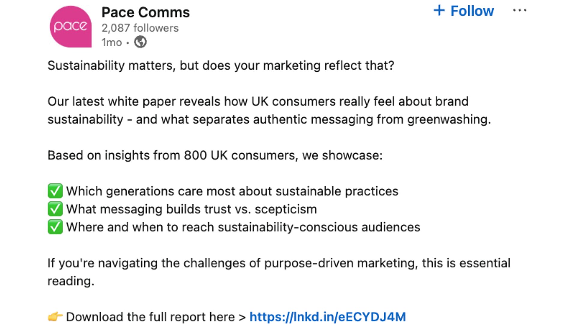 A LinkedIn business account shares a UK sustainability report with a download link.
