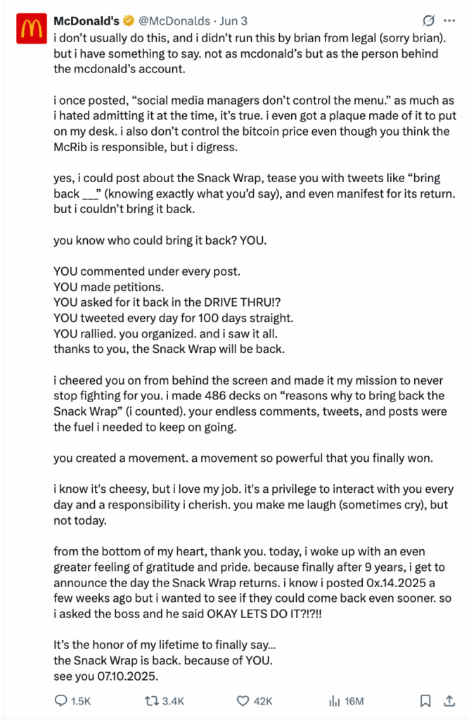 Posts from McDonald’s X account, explaining how they used social listening to bring back the snack wrap.