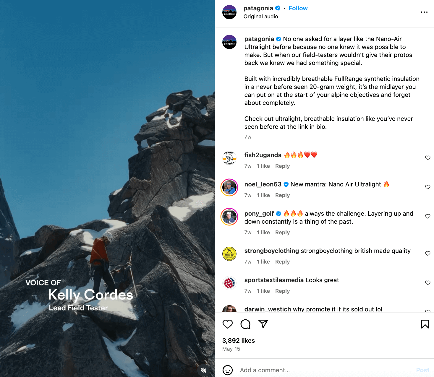 Instagram Reel from Patagonia showing someone scaling a mountain with text overlay that reads "Voice of Kelly Cordes, Lead Field Tester"