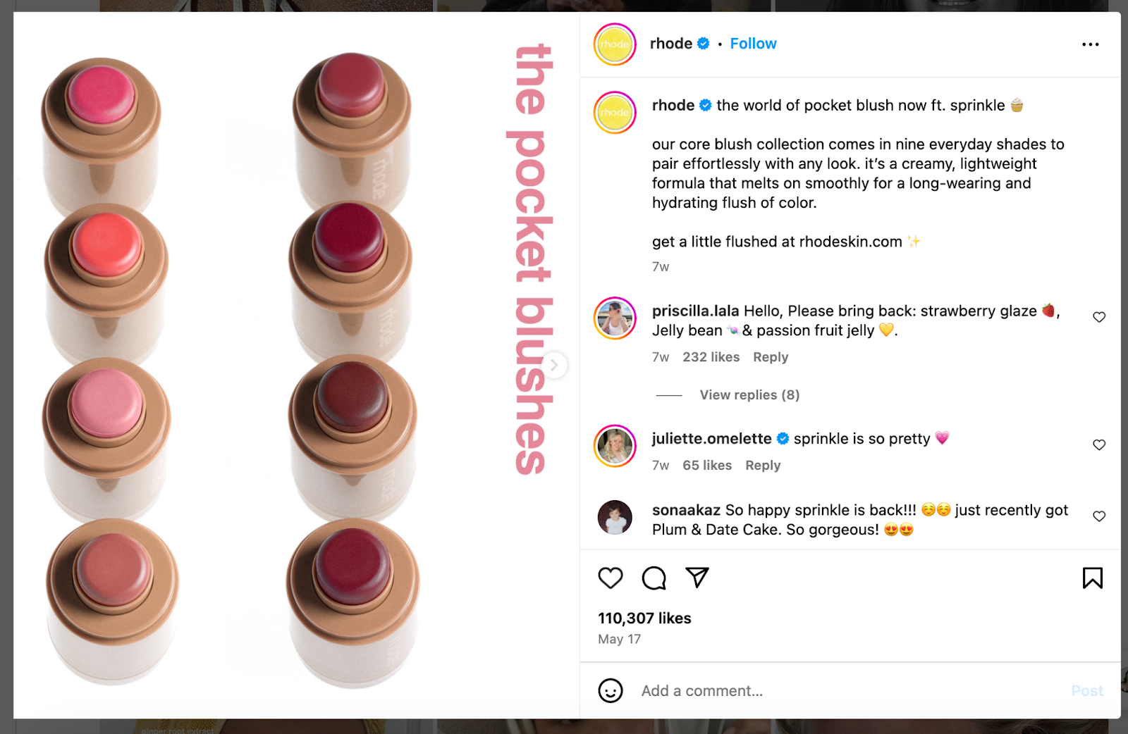 An Instagram post from Rhode Beauty, featuring their pocket blushes in an expanded shade range