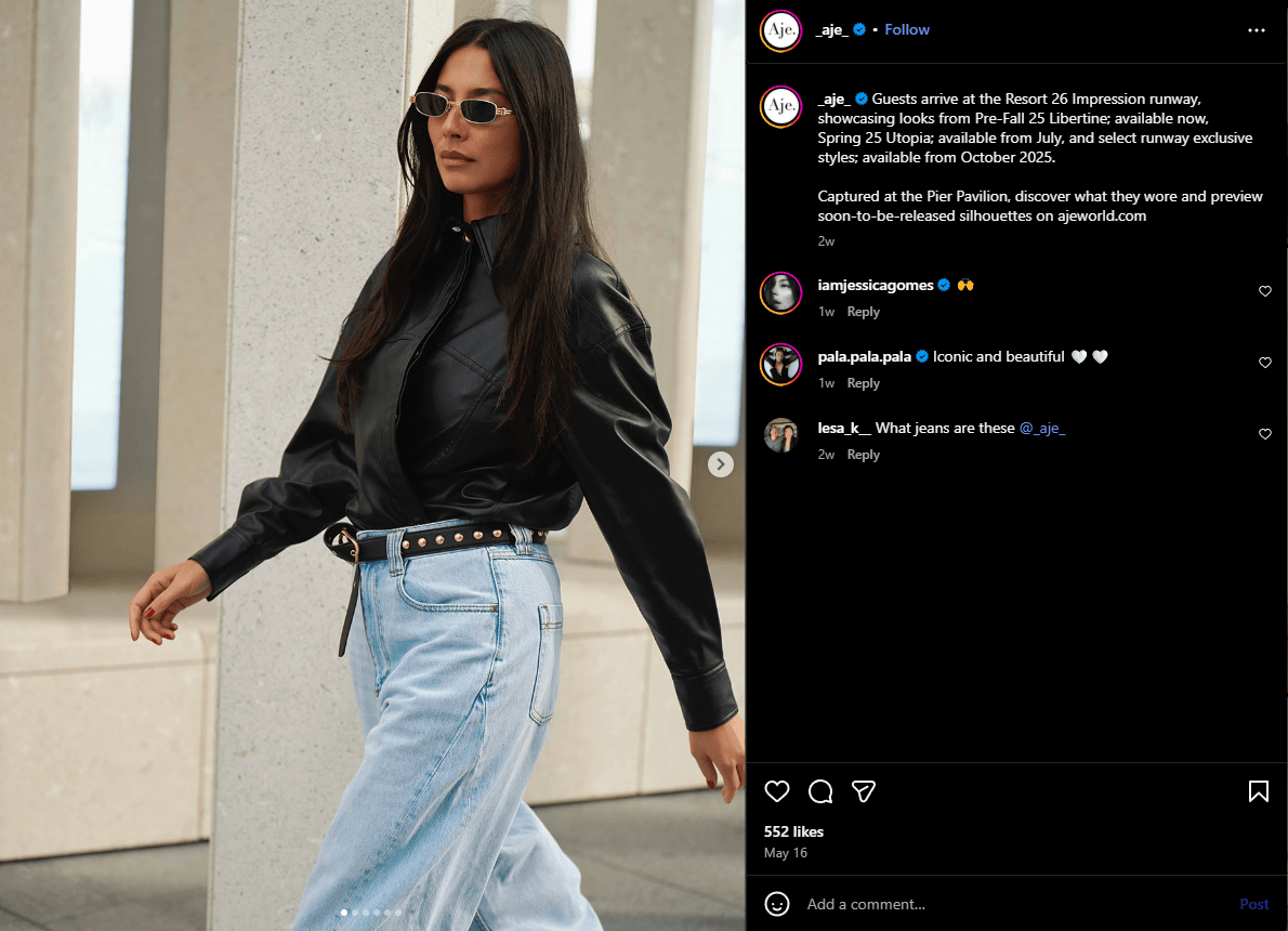 Australian fashion brand Aje shared an Instagram Carousel post featuring pre-fall looks like this black leather jacket and light-wash denim combo