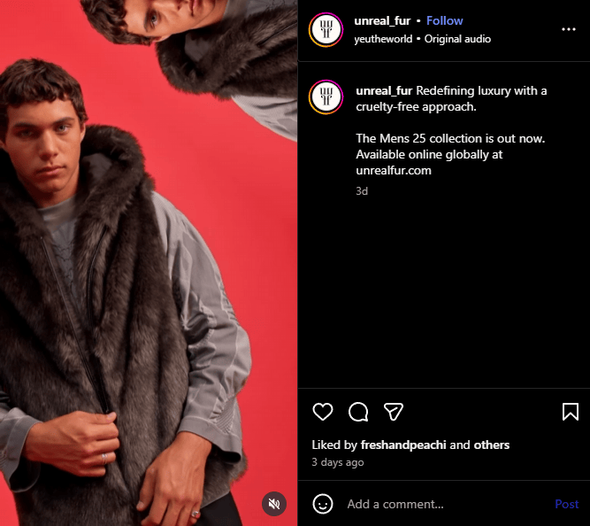 Unreal Fur’s Instagram post combines style with a cruelty-free approach