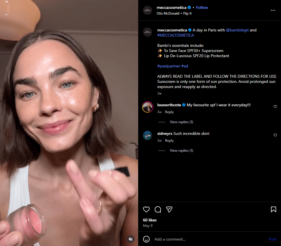 Beauty brand Mecca Cosmetica partnered with influencer Bambi Northwood-Blyth on Instagram, who showed how she uses the brand’s products.