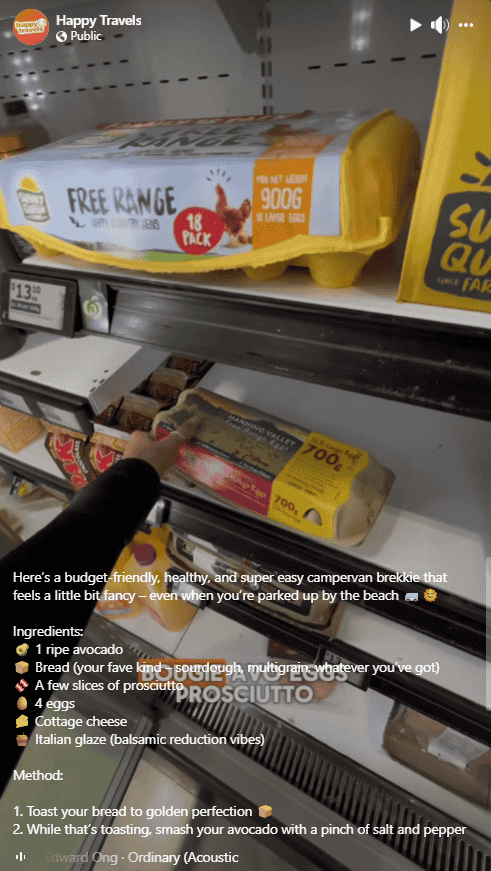 Travel agency Happy Travels shared a Facebook Reel featuring a helpful, budget-friendly breakfast recipe for followers enjoying a long road trip.