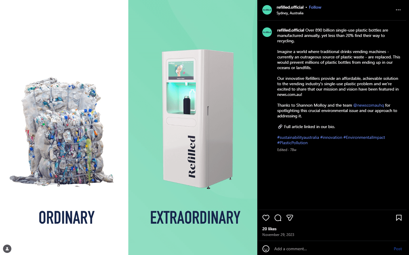 Refilled’s Instagram post shows how its drink vending technology provides a sustainable alternative to single-use plastic bottles.