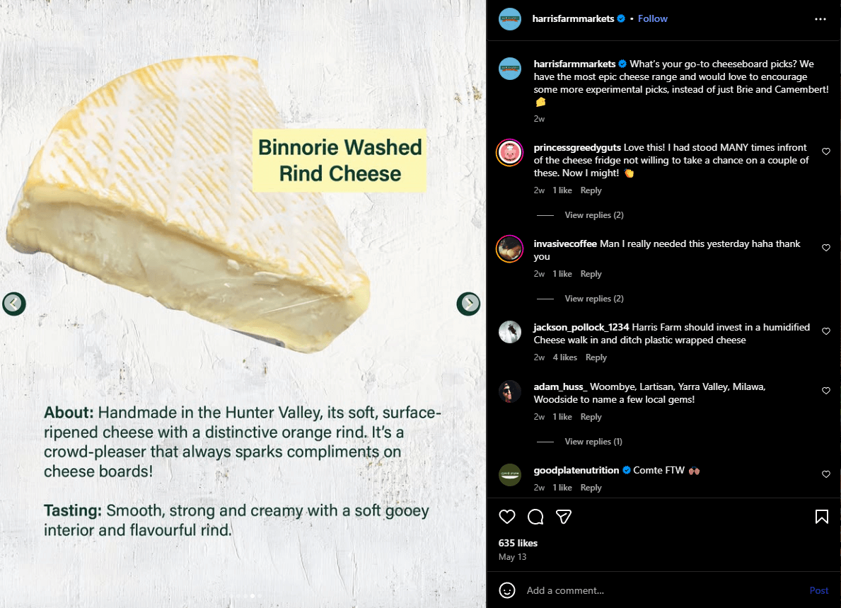 Harris Farm Markets spotlights locally made Binnorie cheese in this Instagram Carousel post.