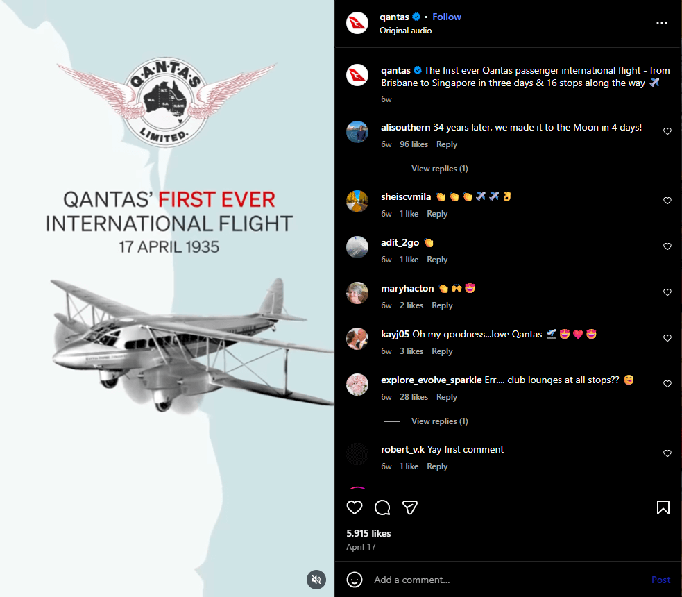This Instagram Reel documents Qantas’ first international flight—including all 16 stops and three days of travel.