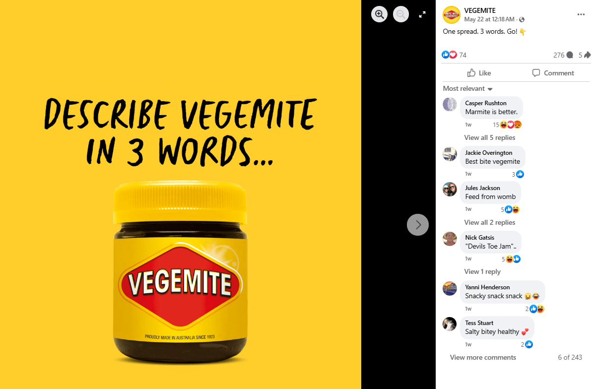 Vegemite challenged its Facebook audience to describe the popular spread in three words.