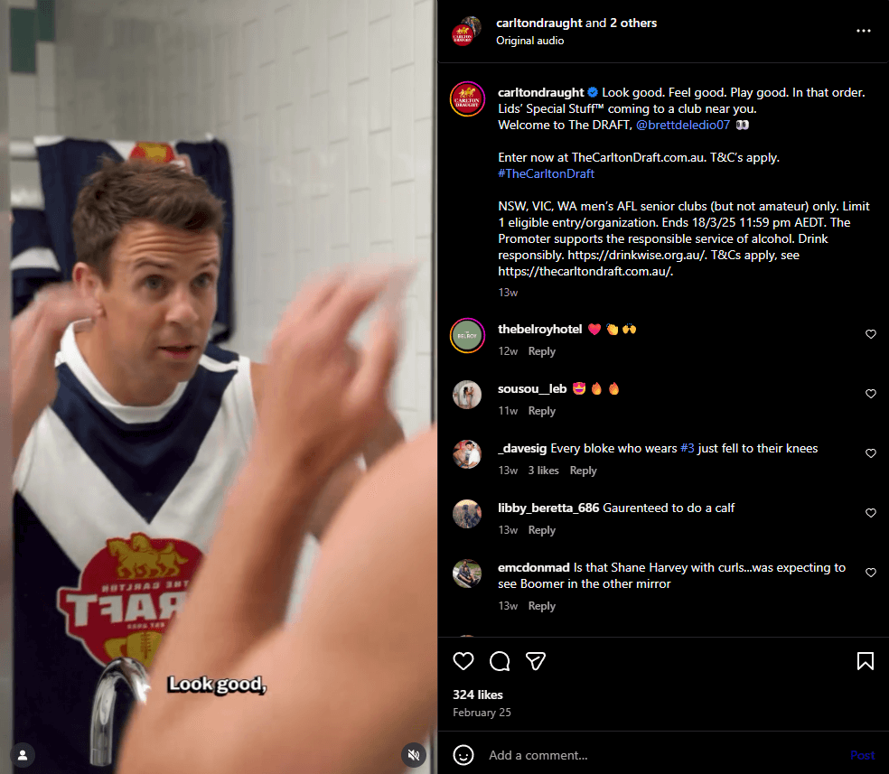 Carlton Draught posted this Instagram Reel highlighting former AFL player Brett Deledio as a featured player in its Carlton Draft program.