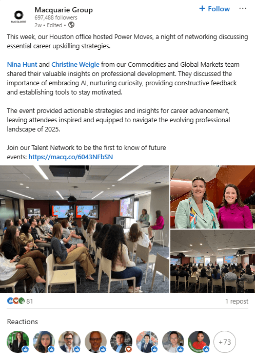 The Macquarie Group posted a LinkedIn photo collage to highlight a recent networking and upskilling event.