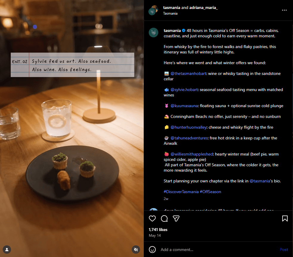 Tourism Tasmania posted a video collage featuring UGC of popular Tassie hotspots.