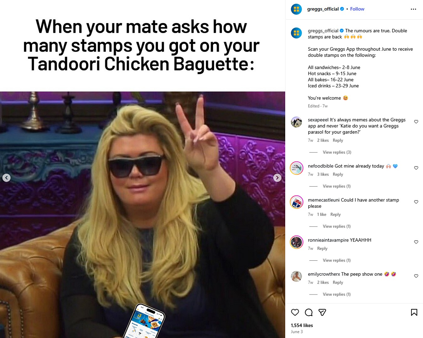 Greggs’s Instagram post using viral UK meme to announce a new promotion with a humorous caption.