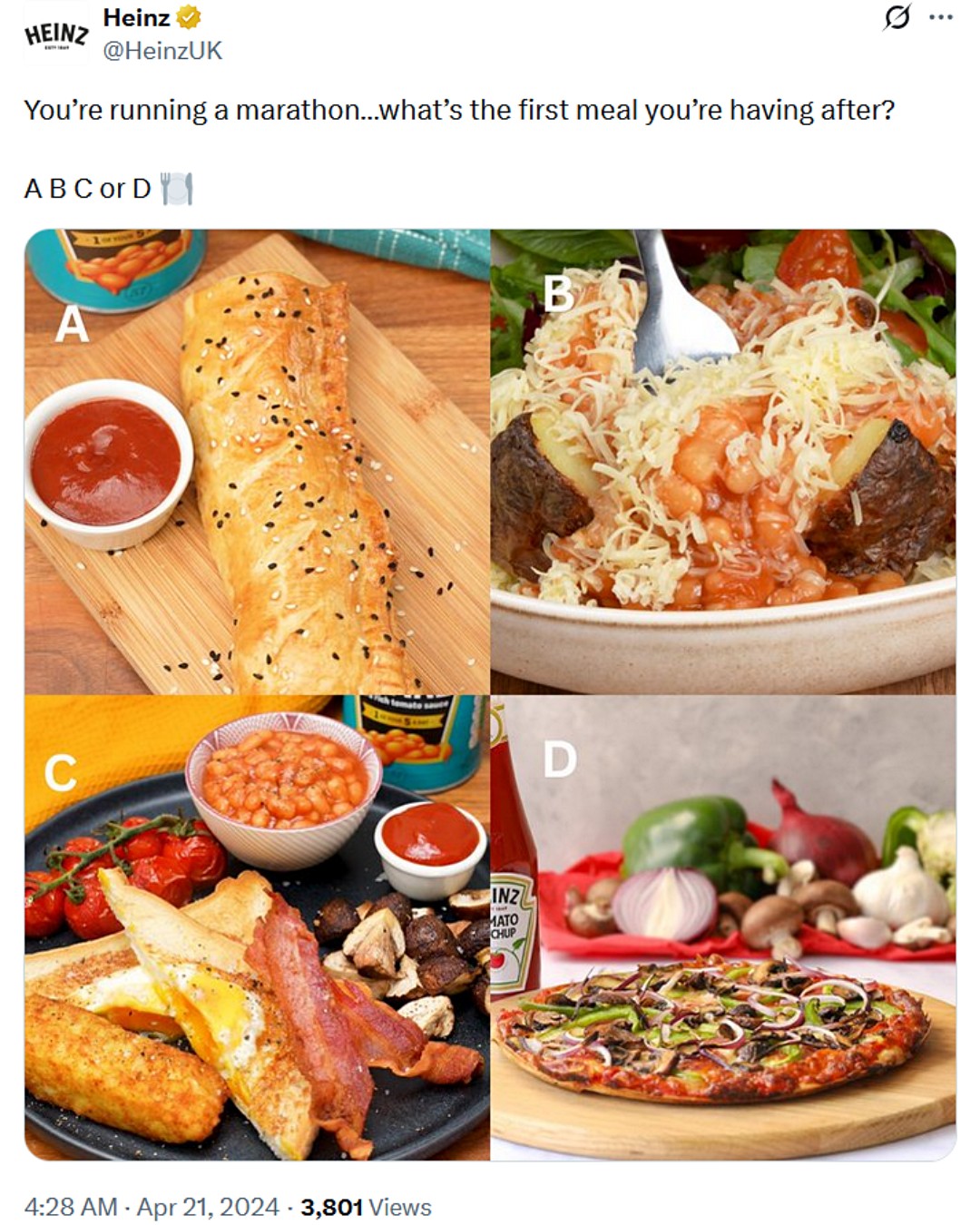 Heinz UK polling its X audience on marathon meals during marathon season.