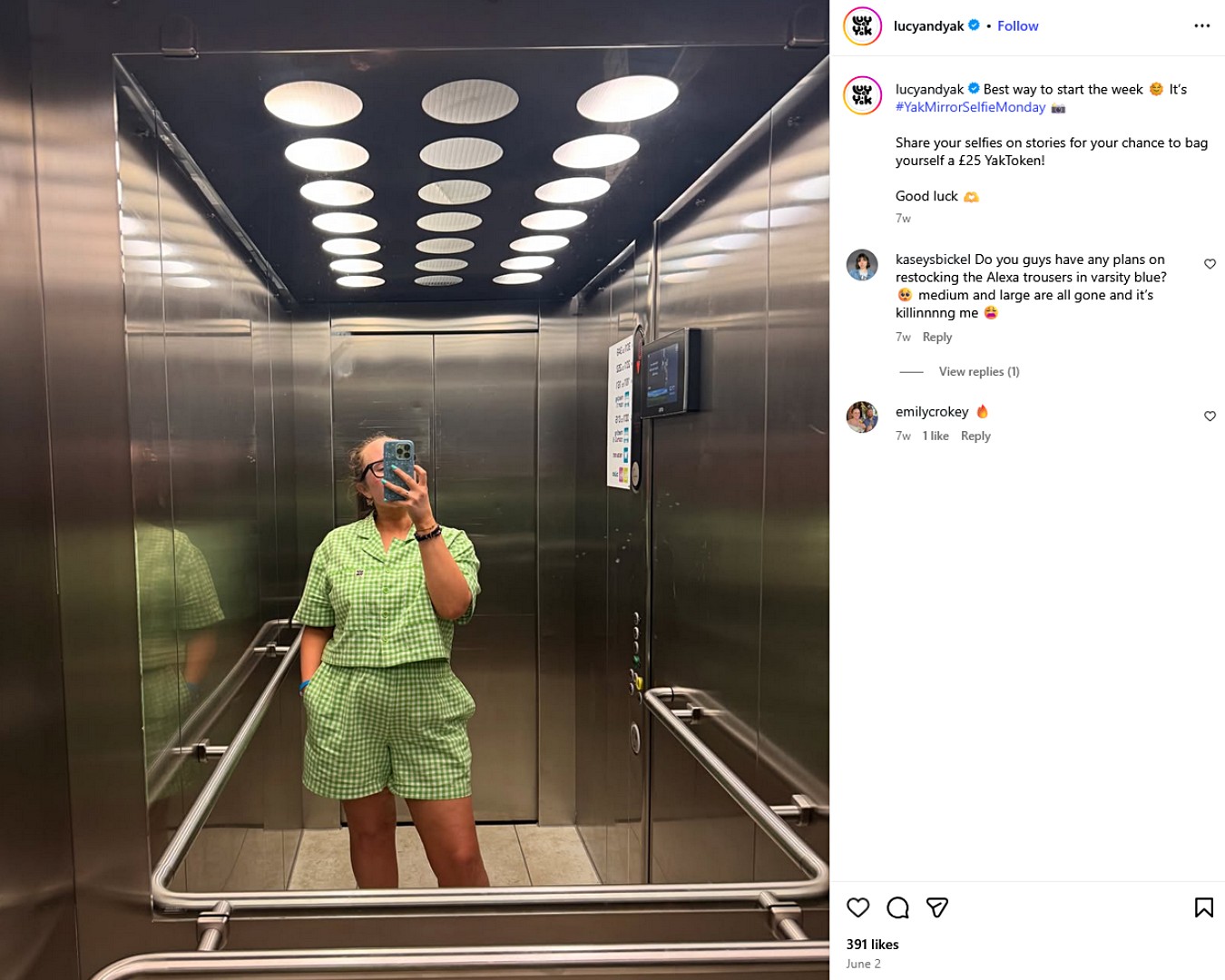 Lucy & Yak user-generated post using #YakMirrorSelfieMonday.