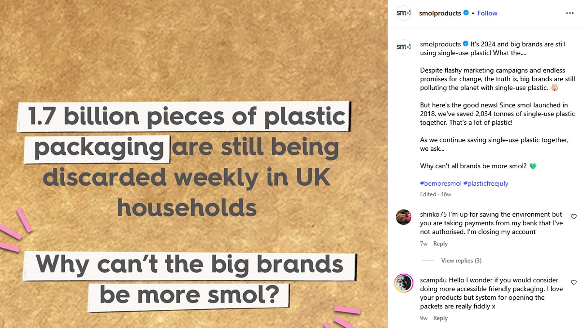 Smol's Instagram post commenting on the current use of plastics in the UK.