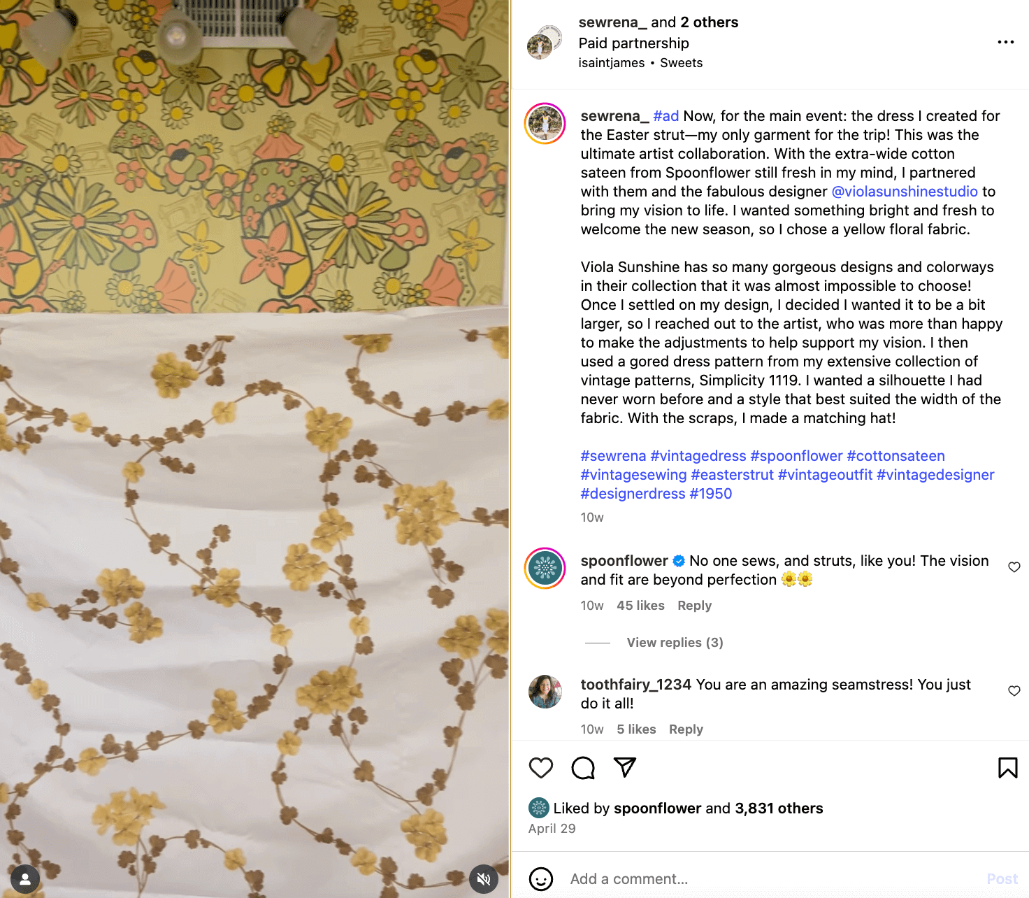Instagram Reel from user @swerena featuring a floral cloth pattern against another floral pattern wallpaper with a caption labeling it as an #ad