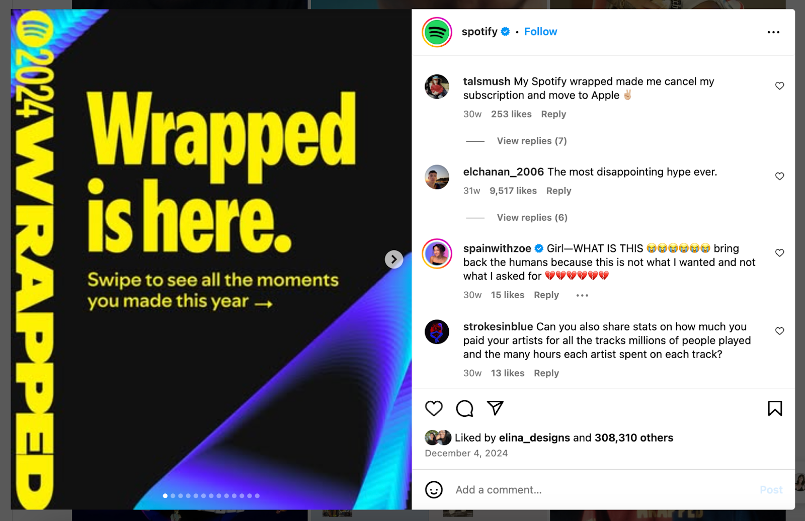 Instagram post from Spotify featuring their 2024 Wrapped campaign, with users expressing frustration with the campaign in the comments.