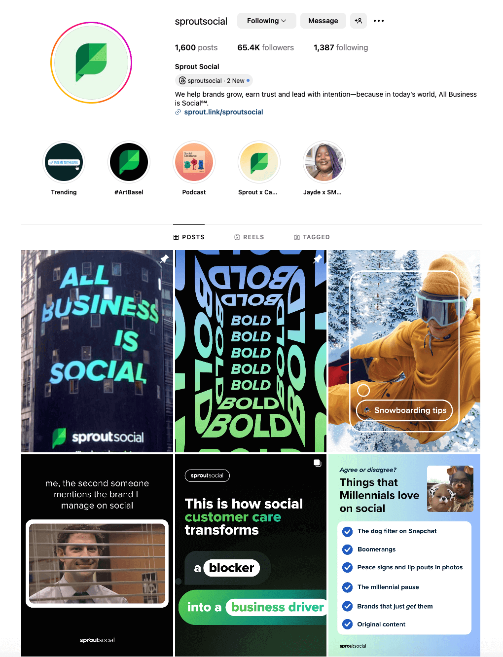 Sprout Social Instagram page showing different posts featuring the signature black, blue and green brand colors