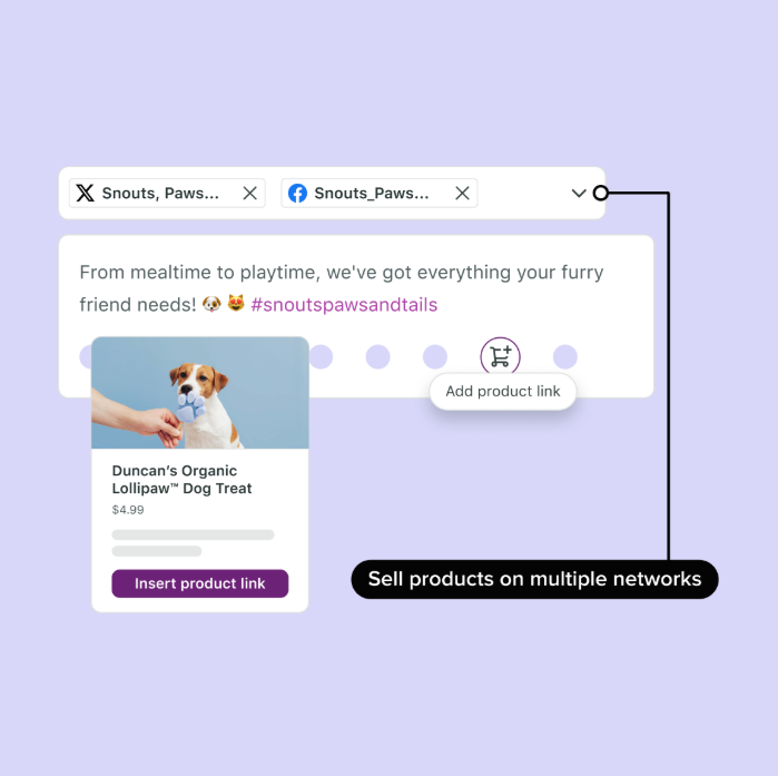 Sprout’s social commerce solution enables brands to sell products on multiple networks, such as X and Facebook.
