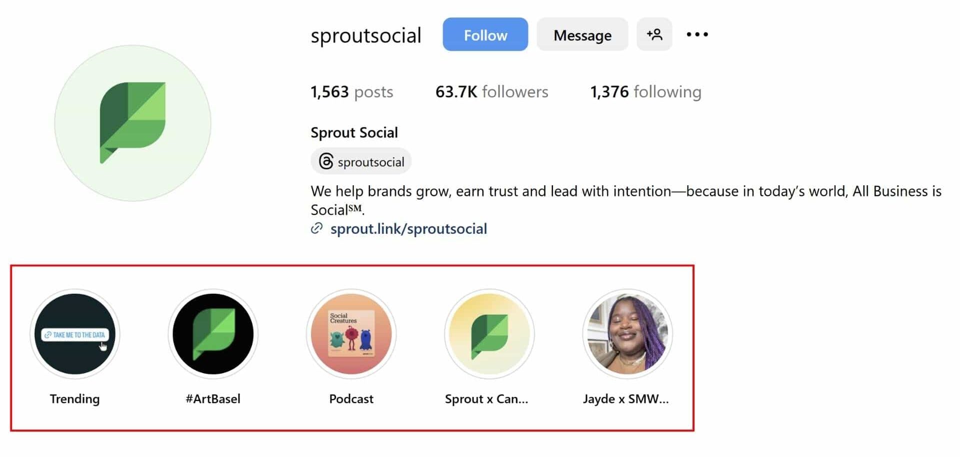 A screenshot of Sprout Social’s Instagram profile shows its story highlights