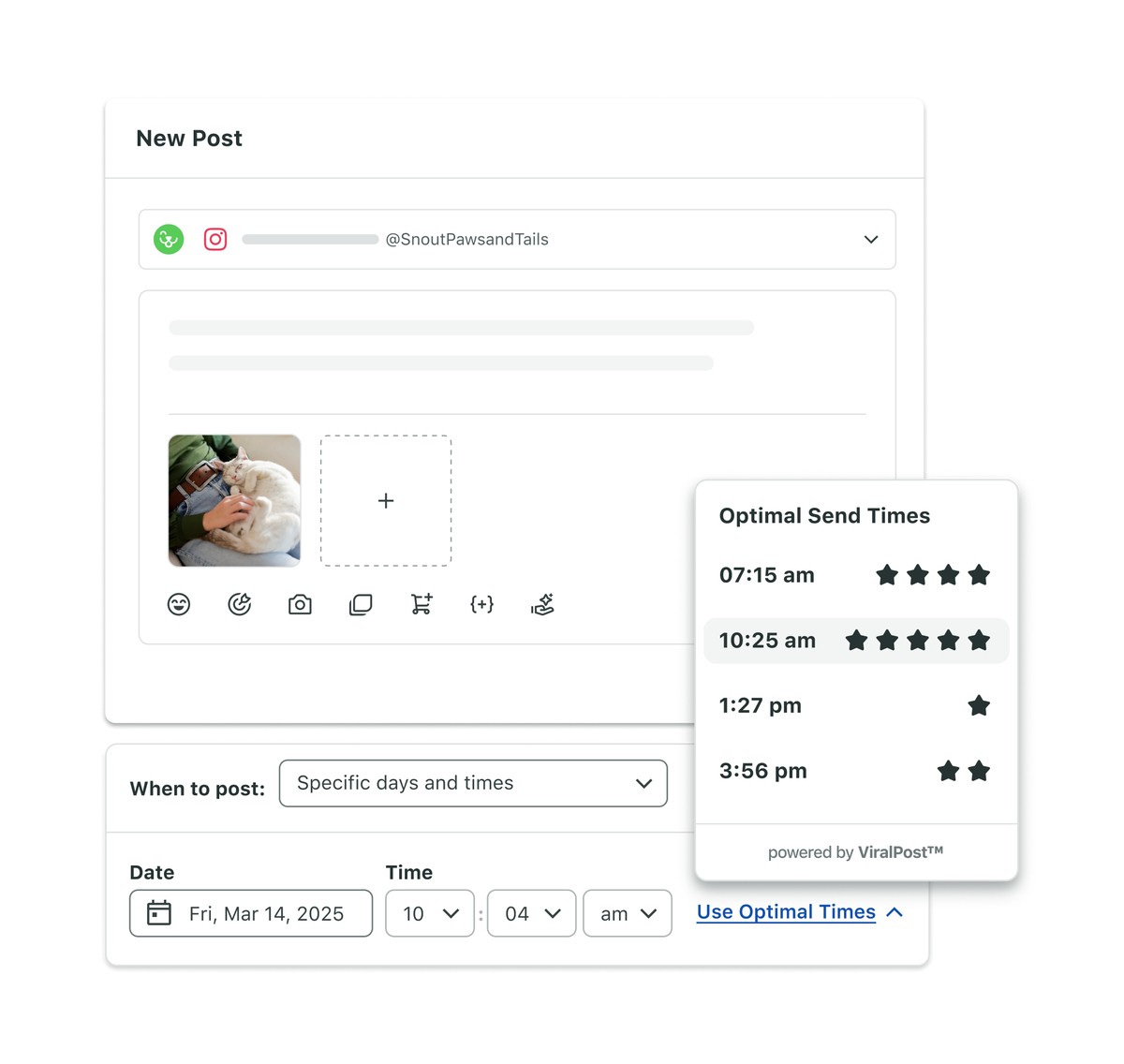 A screenshot shows Sprout Social’s Optimal Send Times feature when scheduling a post