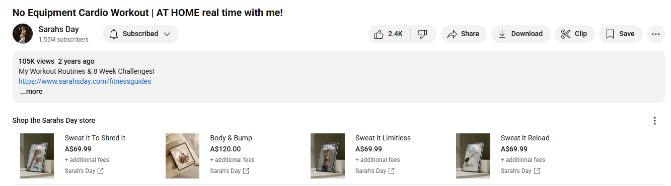 An example of a YouTube product shelf by Sarah’s Day to promote her fitness e-books.