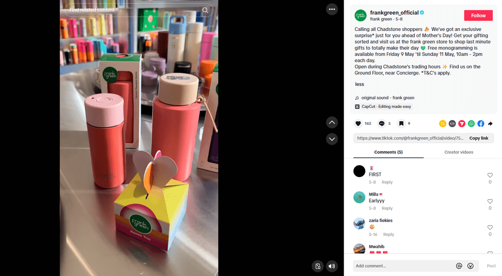 A TikTok post from Frank Green highlighting its free monogramming service on Mother’s Day weekend 2025.