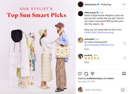 An Instagram post from The Iconic showcasing sun-smart fashion and accessory picks for summer.