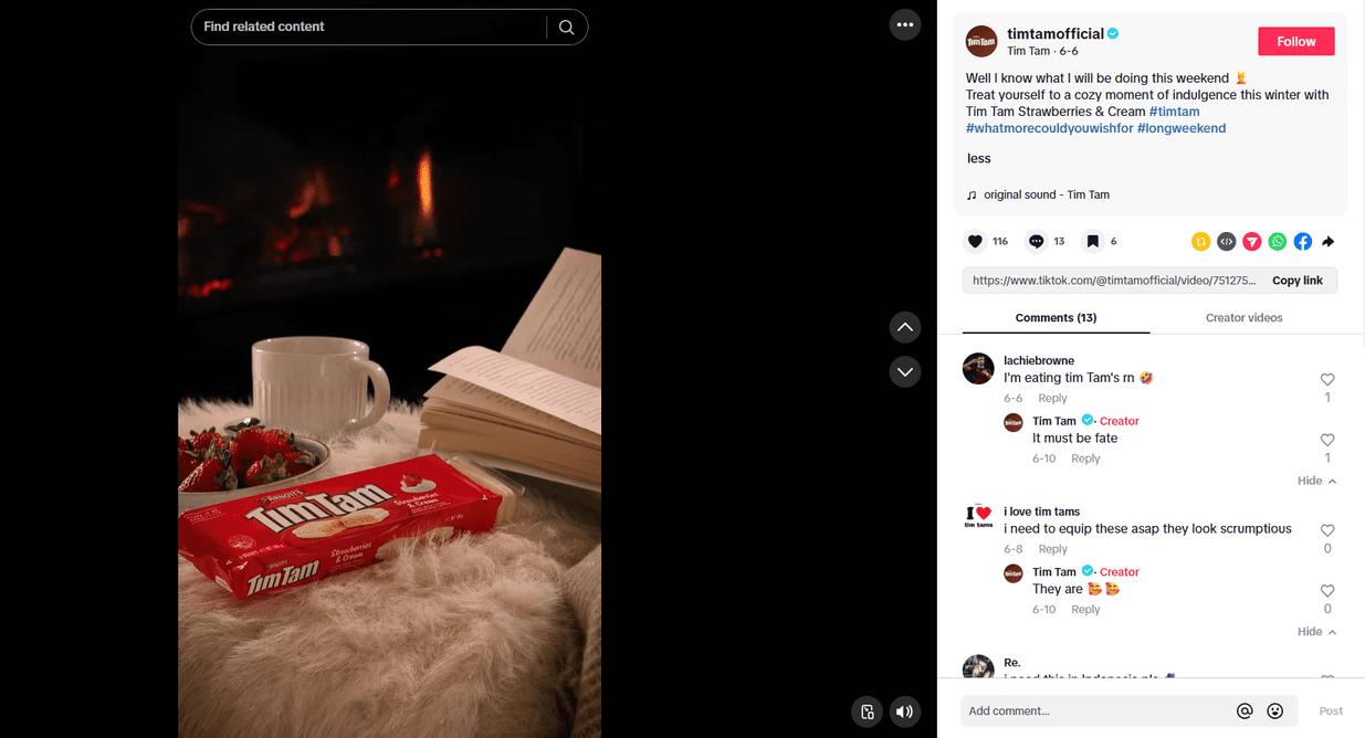 A TikTok post from Tim Tams introducing its new Strawberries & Cream flavour as the perfect winter indulgence.