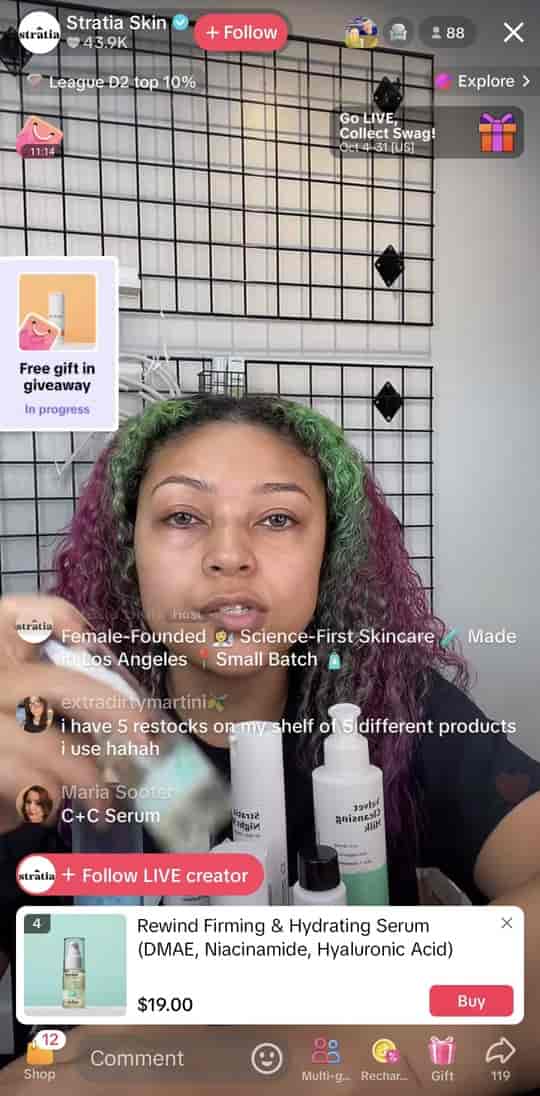 A screenshot shows a past live stream hosted by Stratia Skin