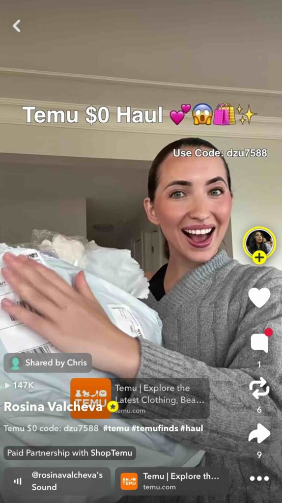 Snapchat Spotlight video of Rosina Valcheva doing a haul of free items from Temu as part of a paid partnership with ShopTemu.