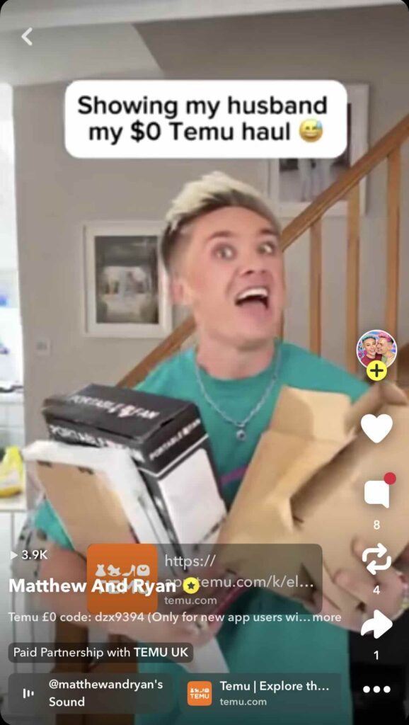 Snapchat ad showing influencer Matthew holding Temu packages he’s about to show his husband as part of a paid partnership with Temu UK.