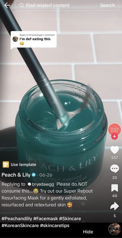 A screenshot of a TikTok video shows a blue skincare product from Peach & Lily