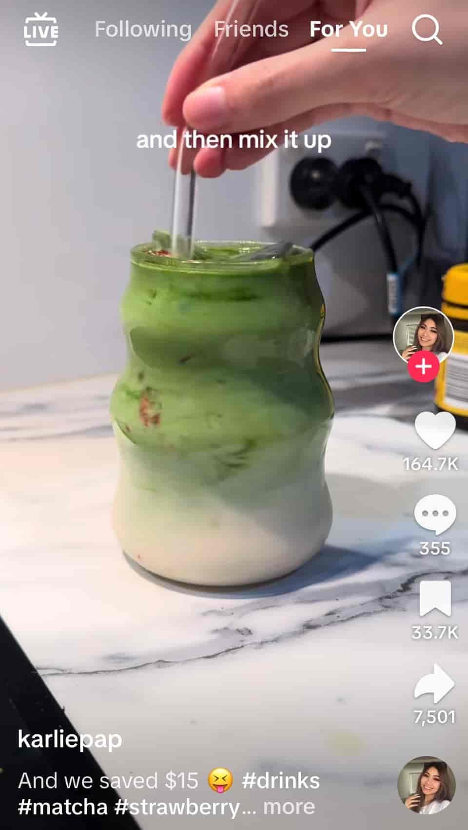 A screenshot of a TikTok video shows a hand mixing a matcha latte