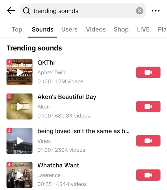 A screenshot shows TikTok search results for trending sound
