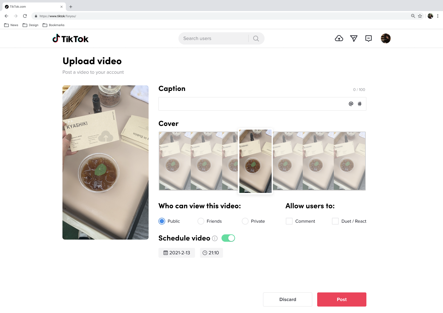 Video upload window on the TikTok Video Scheduler showing a sample video with several thumbnail options