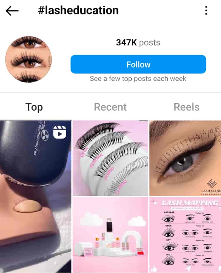 A screenshot shows the top Instagram posts for the hashtag #LashEducation