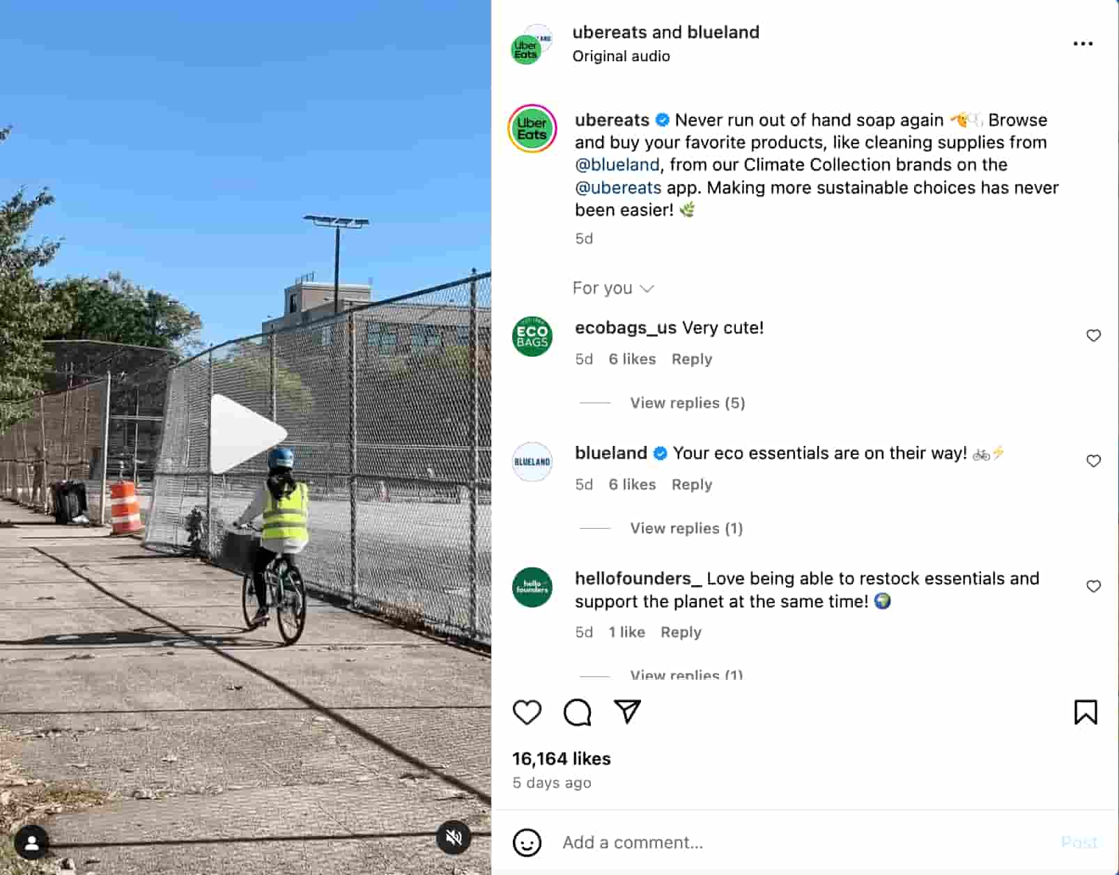 A screenshot shows Uber Eats’ and Blueland’s joint Reel