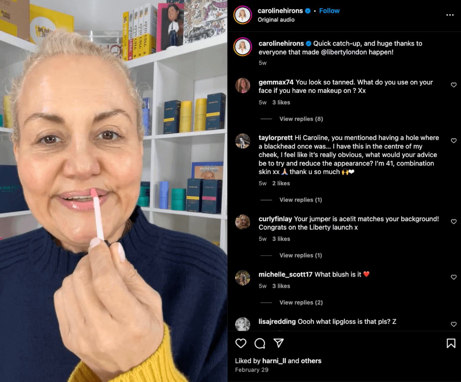 Caroline Hirons applying lip product on Instagram