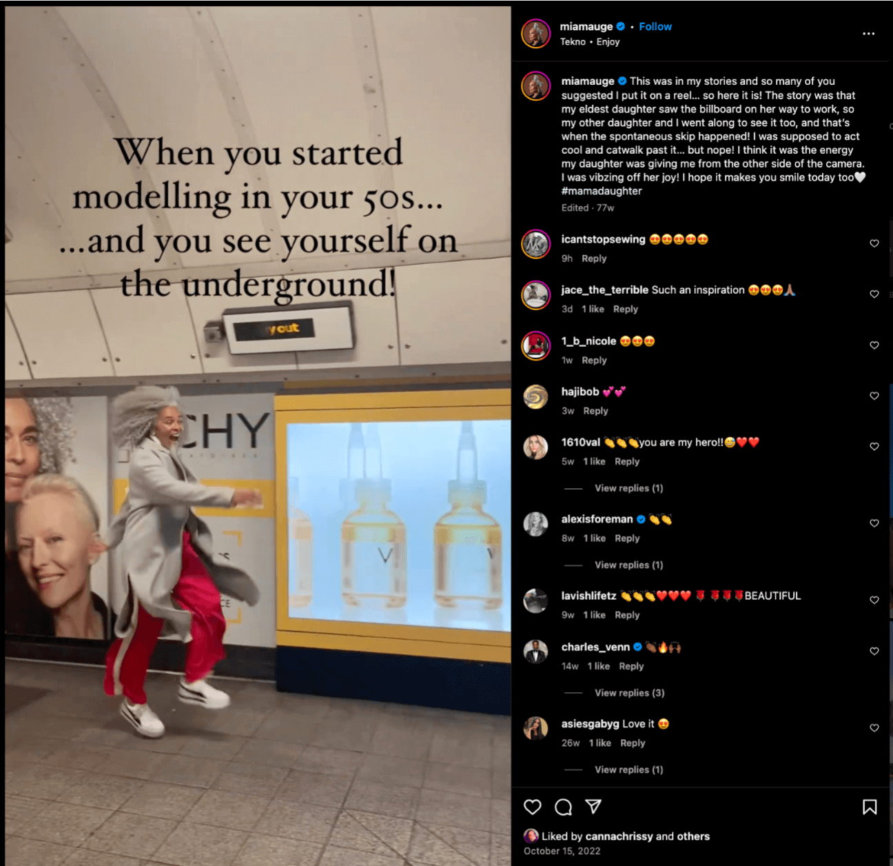 Instagram post of Mia Mague in the London tube station
