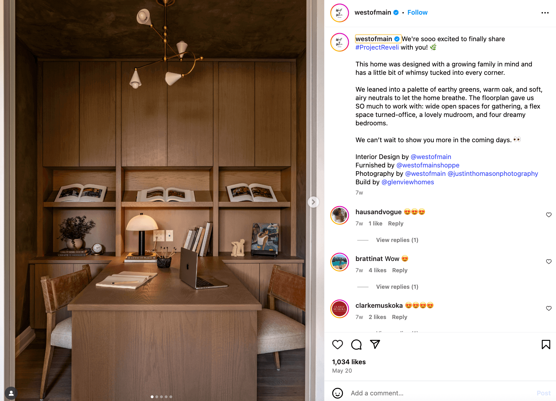 Instagram post by West of Main featuring a cozy office with wood paneling and a caption describing the space with relevant design terms